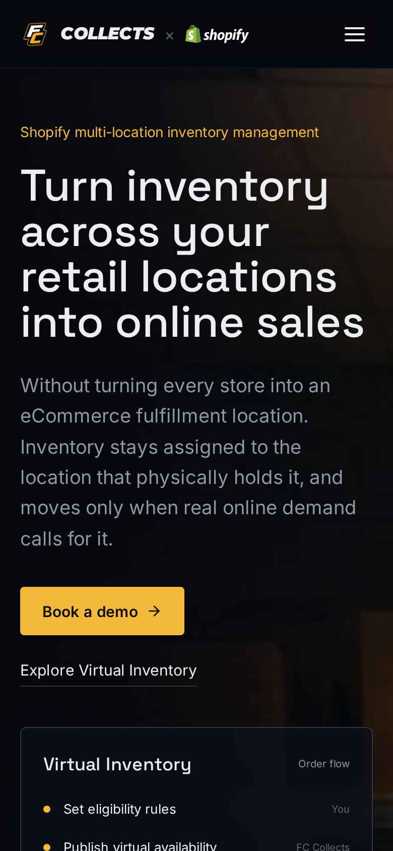 FC Collects Shopify inventory technology solution page on mobile